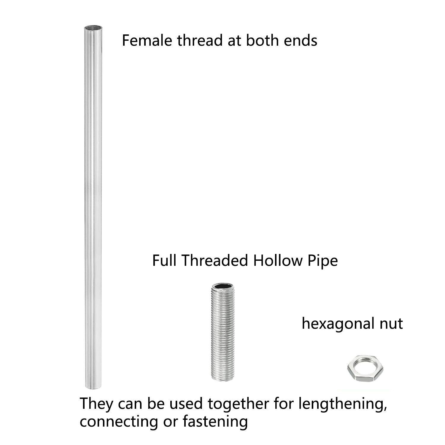 Φ11.5 Chrome M10 Female Thread Tube Threaded Extension Rod,  Lamp Pipe Light Fixture Parts for Pendant Light Pole Lighting Chandeliers Stem