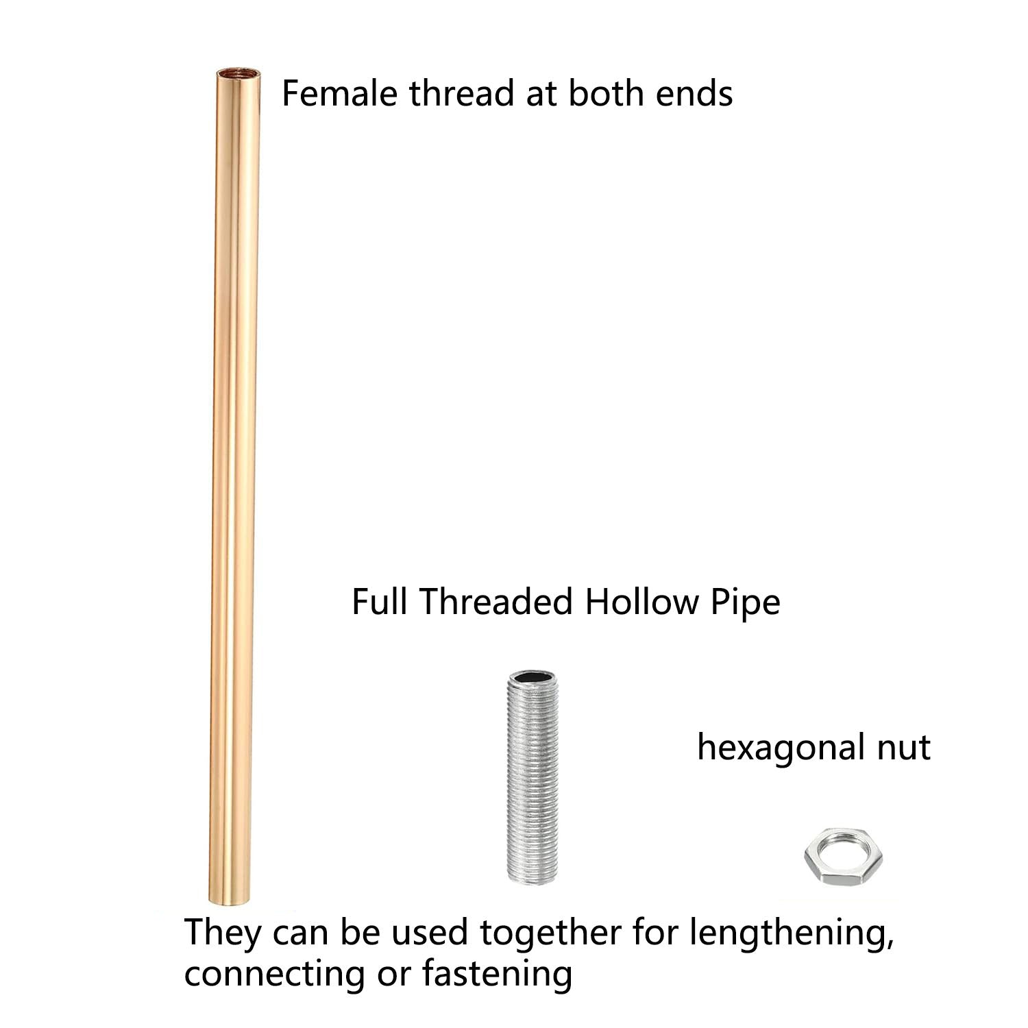 Φ11.5 French Gold M10 Female Thread Tube Threaded Extension Rod,  Lamp Pipe Light Fixture Parts for Pendant Light Pole Lighting Chandeliers Stem