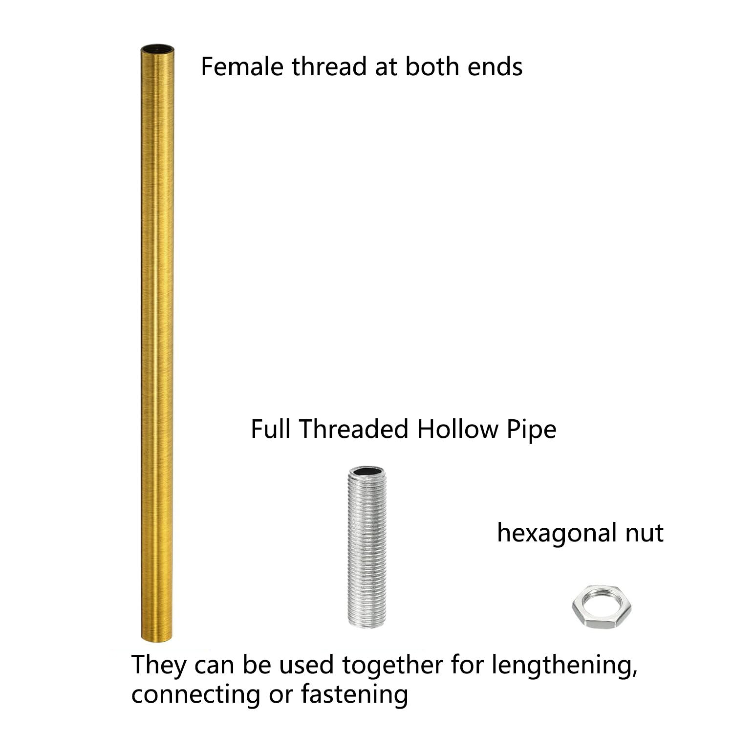 Φ11.5 Gold Bronze  M10 Female Thread Tube Threaded Extension Rod,  Lamp Pipe Light Fixture Parts for Pendant Light Pole Lighting Chandeliers Stem