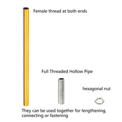 Φ11.5 Gold Tone  M10 Female Thread Tube Threaded Extension Rod,  Lamp Pipe Light Fixture Parts for Pendant Light Pole Lighting Chandeliers Stem