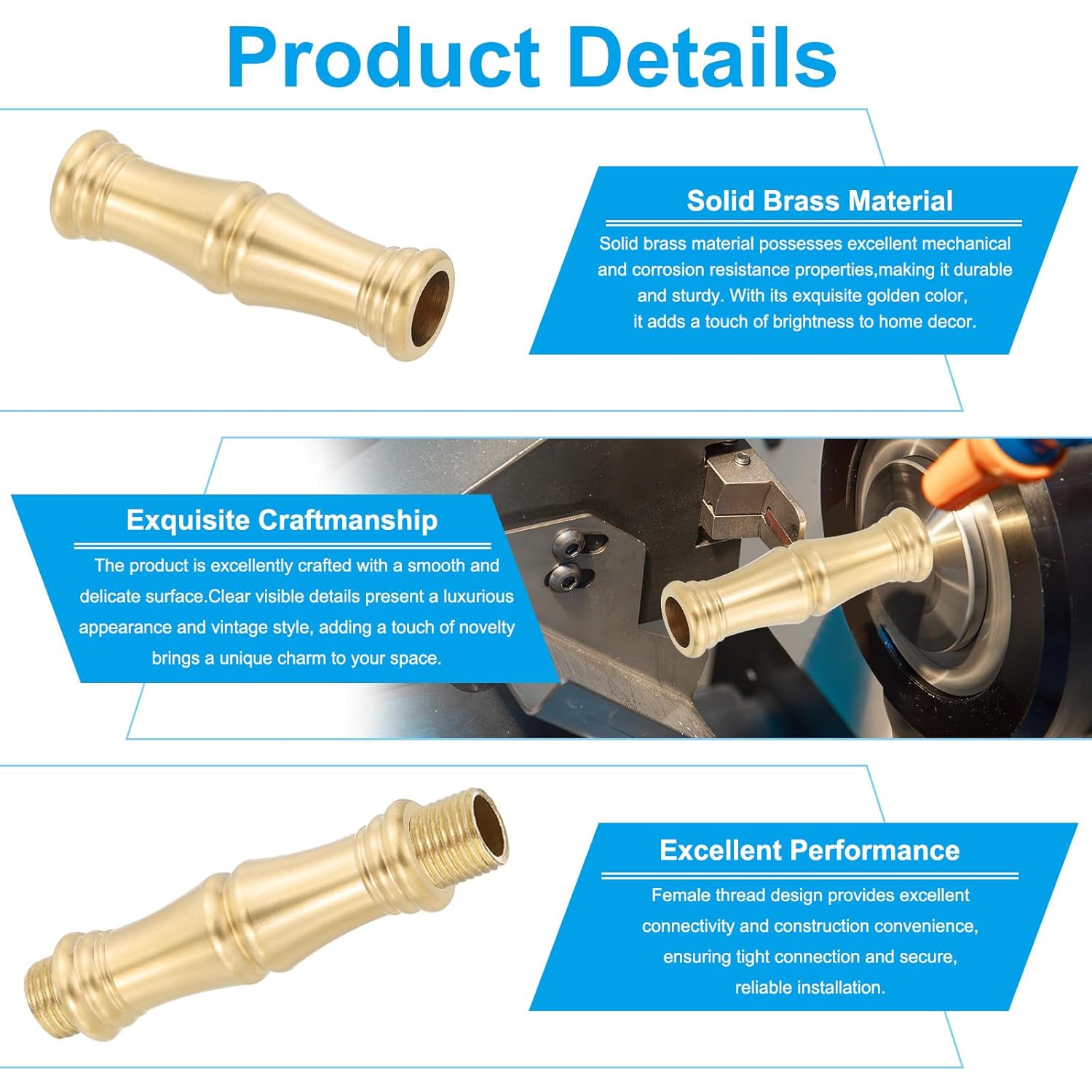 M10 Solid Brass Lamp Neck, Threaded Turned Brass Spindle Slips Lamp Finial Pipe Coupling for Lamp Decoration