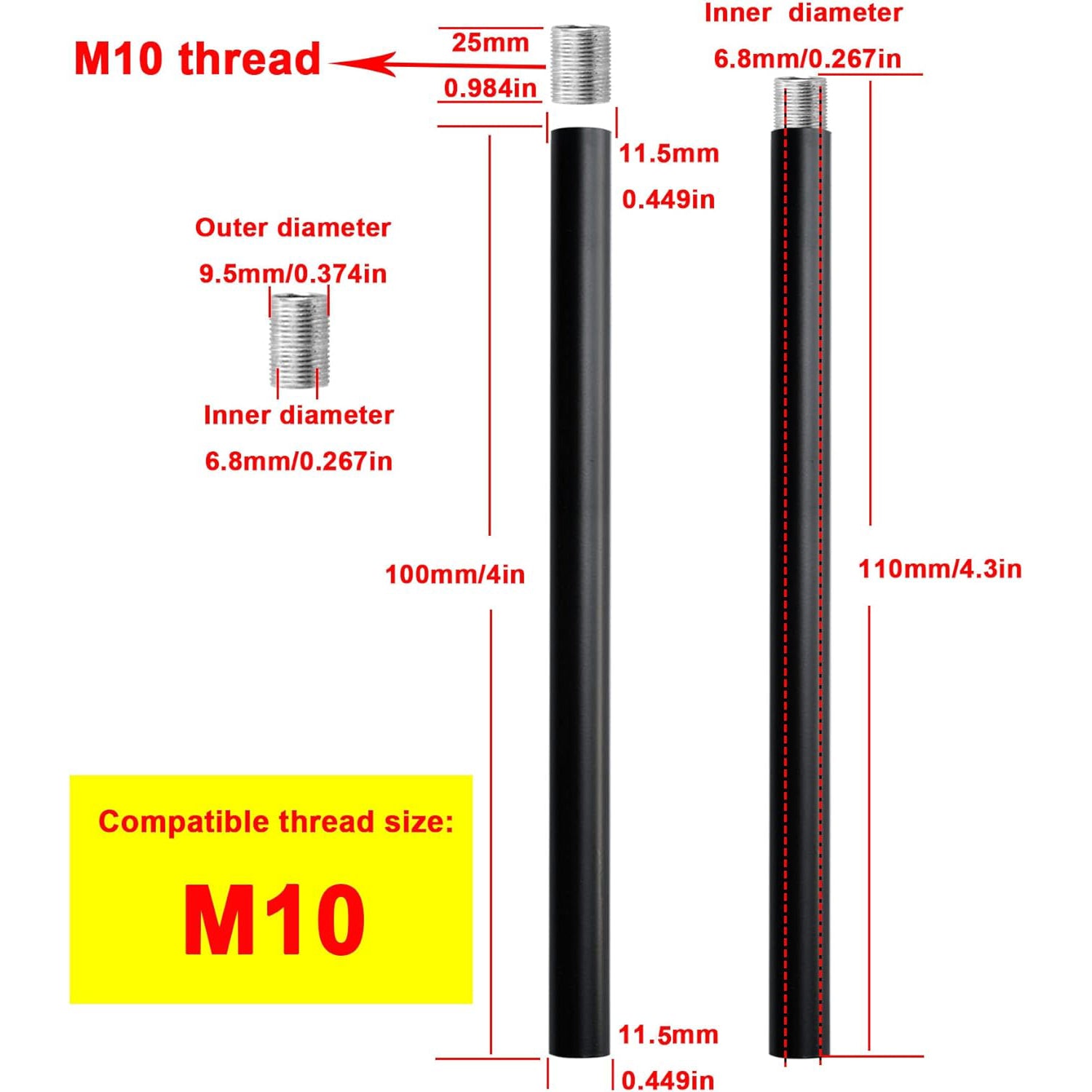 Φ11.5 Black M10 Female Thread Tube Threaded Extension Rod,  Lamp Pipe Light Fixture Parts for Pendant Light Pole Lighting Chandeliers Stem