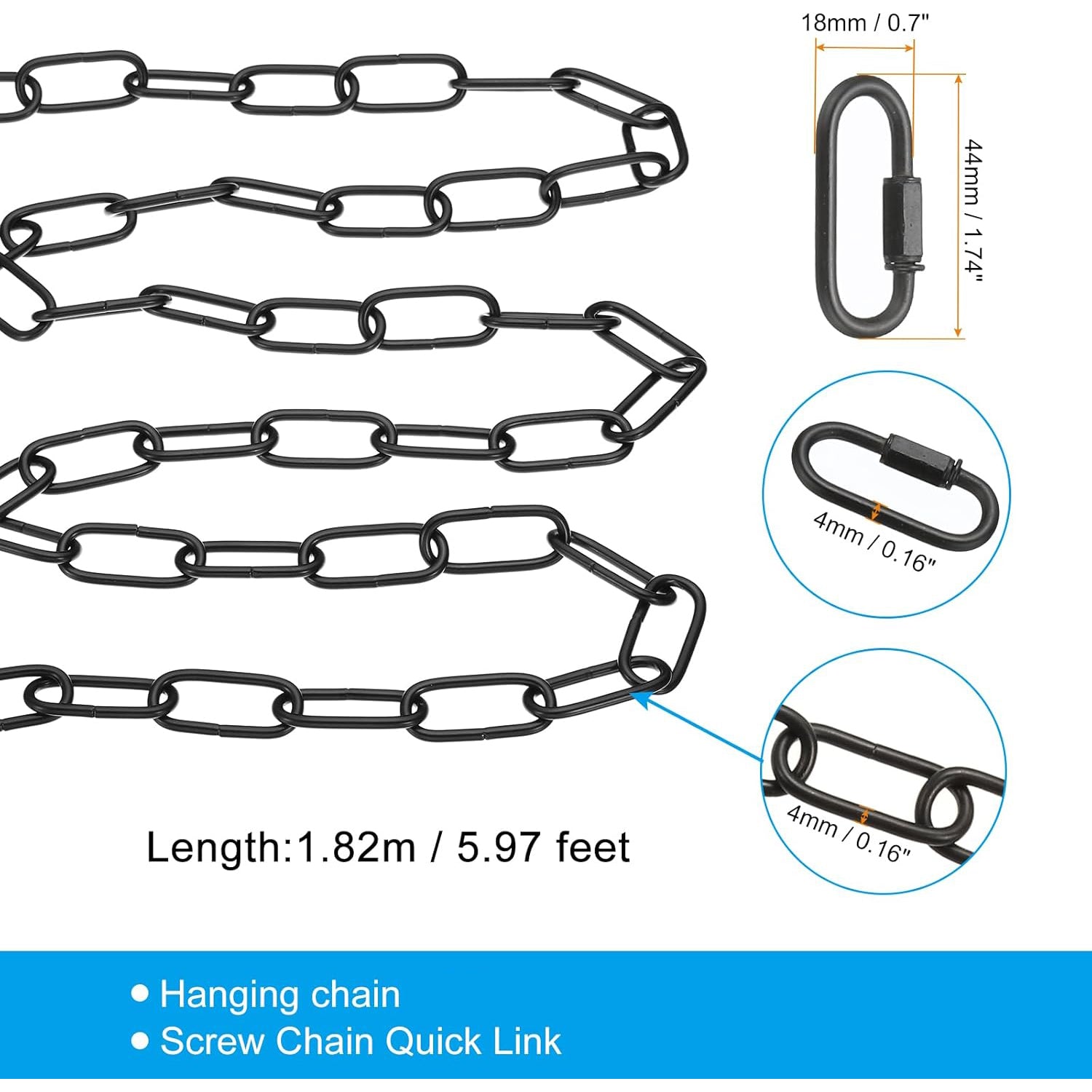 6ft Lighting Hanging Chain, Metal Looping Chain with Quick Link Screw Lock Connectors for Plant Pot Chandelier Pendant Light Fixture