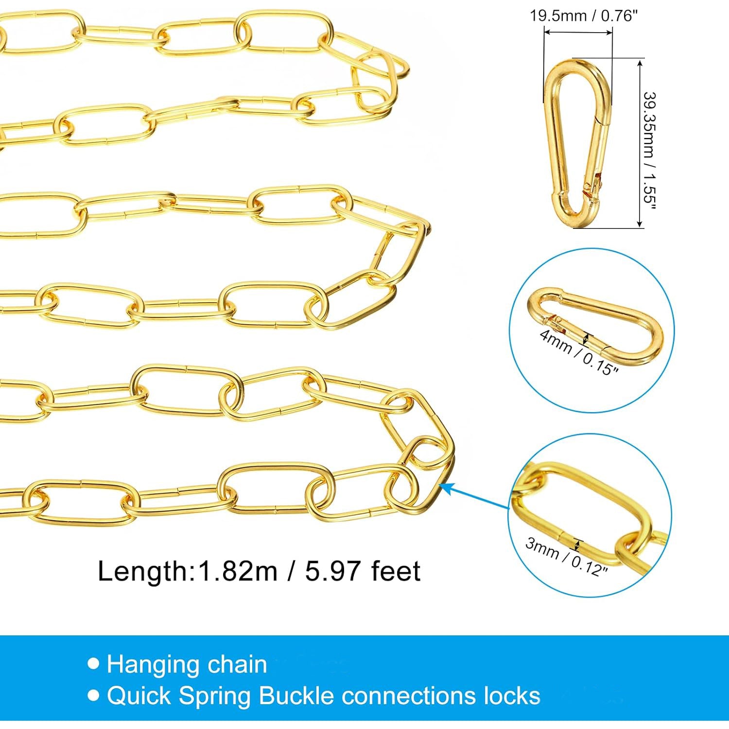 6 Feet Gold Finish Lighting Hanging Chain,  Metal Looping Chain for Hanging Plant Pendant Chandelier Light Fixture