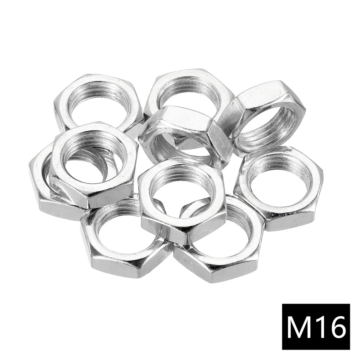 M16 Hex Nuts Metric Fine Coarse Thread Hexagon Nut, Carbon Steel, Silver Tone