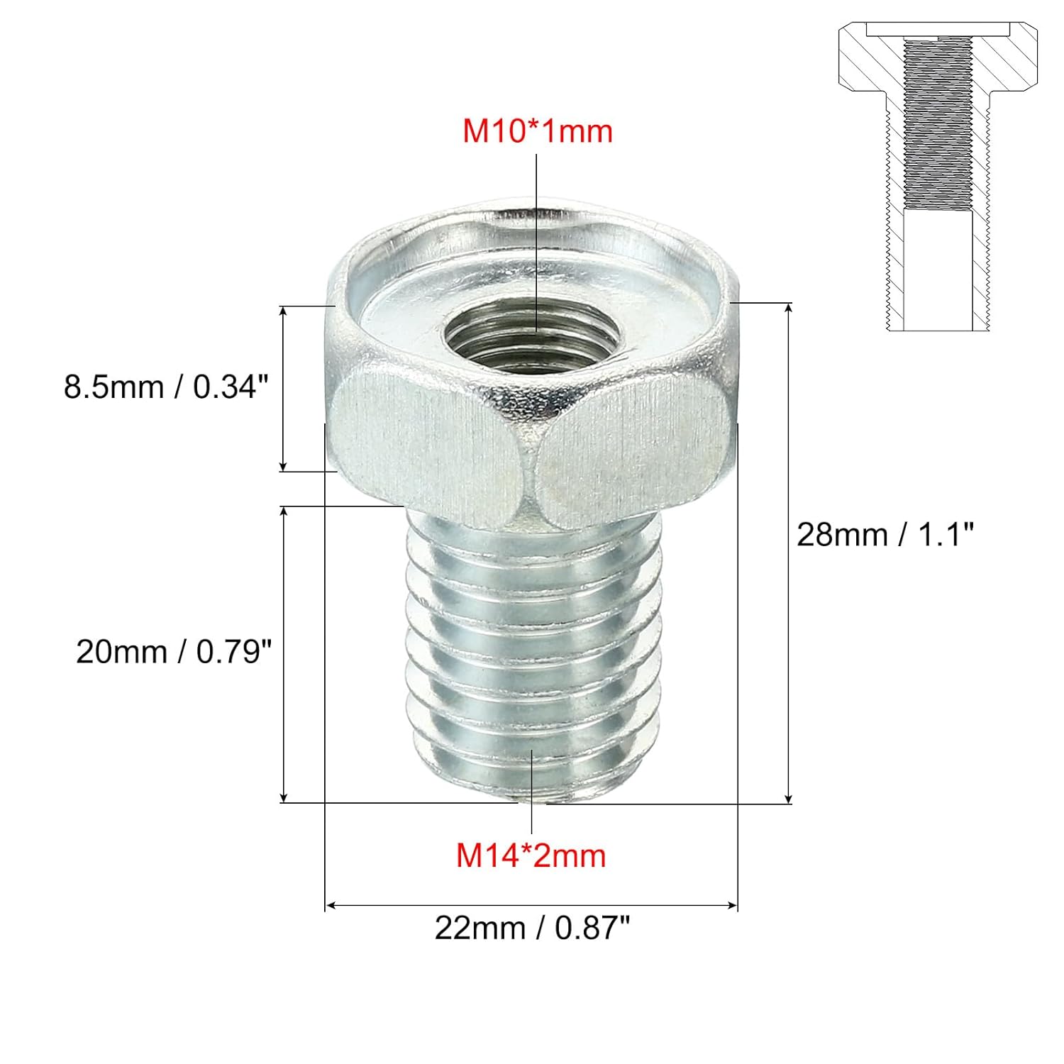 M14x2 to M10x1 Hex Hollow Bolts Hex Thread Reducing Connector,  Hollow Bolt Reducing Nut Screw Sleeve Through Hole Fasteners Adapter Reducer Hardware