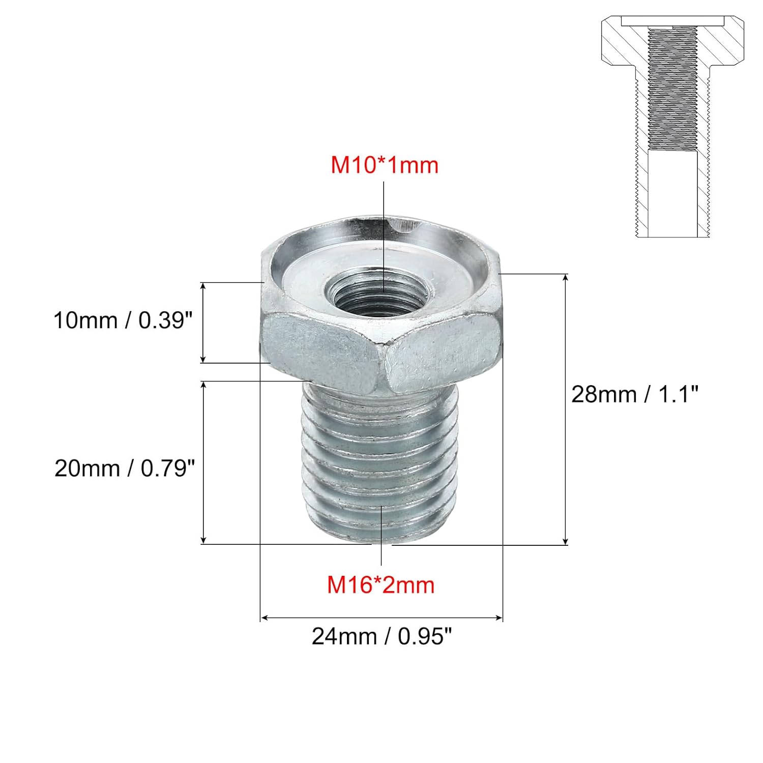 M16x2 to M10x1 Hex Hollow Bolts  Hex Thread Reducing Connector,  Hollow Bolt Reducing Nut Screw  Through Hole Fasteners Adapter Reducer