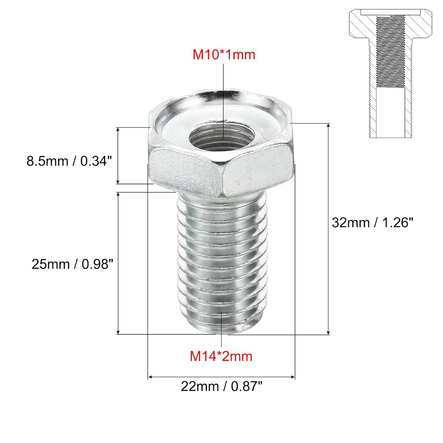 M14x2 to M10x1 Hex Hollow Bolts Hex Thread Reducing Connector,  Hollow Bolt Reducing Nut Screw Sleeve Through Hole Fasteners Adapter Reducer Hardware