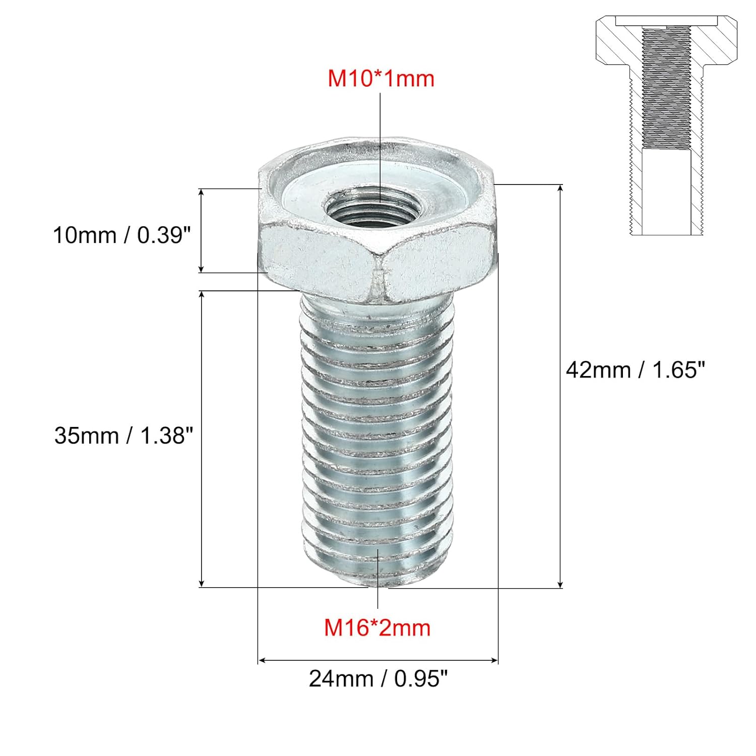 M16x2 to M10x1 Hex Hollow Bolts  Hex Thread Reducing Connector,  Hollow Bolt Reducing Nut Screw  Through Hole Fasteners Adapter Reducer